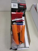 Tote box contents including tape, files, measuring tape, pencil grinder, punches, etc.