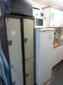 Two metal 2-door personnel lockers, LEC fridge, toaster, kettle, microwave, counter top fridge