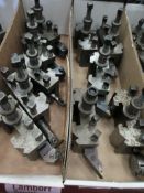 Two tote boxes of assorted indexable lathe tool holders with some inserts