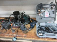 Assorted power tools including angle grinder, drills, heat gun, engravers, sanders, 240v
