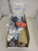 Tote box contents including tape, gloves, rubber grommets