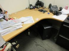 Two light wood effect corner workstations, 3 x light wood effect pedestals, 2 x upholstered