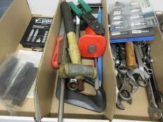 Two tote boxes of assorted hand tools including spanners, hacksaws, sockets, etc.