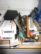 Assorted hand tools including spanners, hammers, engineer square, part dial sets