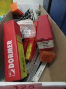 Tote box contents including various size drill bits