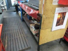 Two metal frame workbenches, undershelf, 1 x bench vice, 1 x 1.8m x 700mm, 1 x 1m x 800mm x height