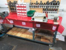 Steel frame mobile timber top workbench and undershelf, upstand, 2m x 660mm, 1 x 5