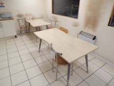 Two light wood dining tables and five chairs