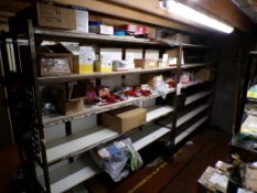 Two metal framed stock storage racking & contents to include square plastic cups, screws, plates,