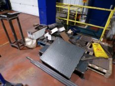 Pallet of miscellaneous steel, jigs, chequer plates, stands and personal locker