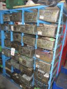 Metal frame multi compartment storage rack with metal picking bins, all with contents including