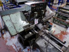 Qualters & Smith 180A Sawmaster horizontal bandsaw with gravity roll feed conveyor, serial no. 76
