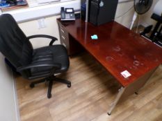 Dark wood 3-drawer straight desk and a black leather effect office swivel armchair