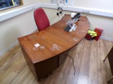 Dark wood 5-drawer desk, red cloth upholstered chair and dark wood 2-drawer pedestal