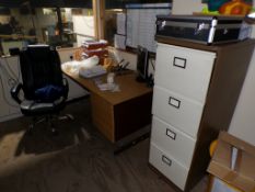 Contents of mezzanine office to include light wood desk, three 4-drawer filing cabinets, three black