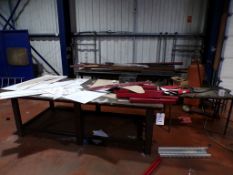 Two steel framed workbenches and miscellaneous steel contents, tables approx. 2500 x 1250mm and 2750