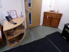 Two light wood corner cabinets & miscellaneous metal cabinets