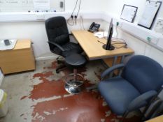 Light wood straight desk, black leather effect chair, blue cloth upholstered chair, black leather