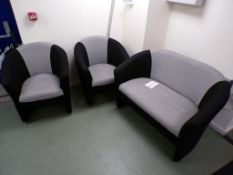 Twin seater and two single seater grey & black cloth upholstered reception chairs