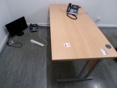 Light wood 3-drawer desk, Lenovo flat screen monitor and dark wood coffee table