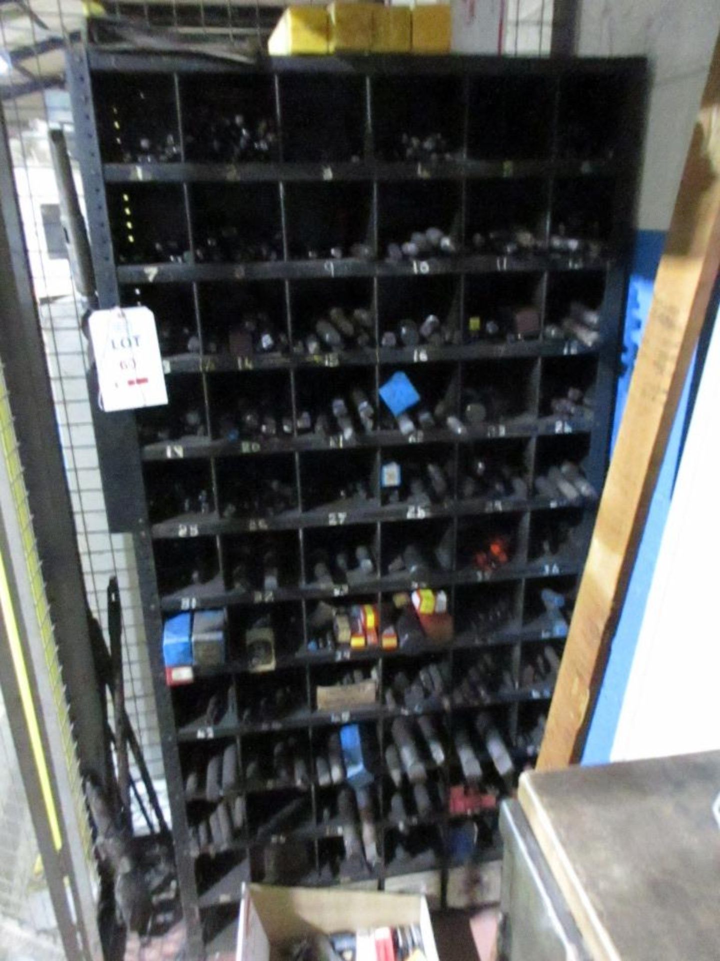 Components Compartments Rack Metal multi compartment rack with contents including various size drill ...