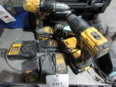 Two DeWalt cordless drill screwdrivers, battery chargers, battery