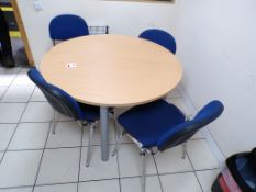 Light wood dining table and four chrome framed blue cloth upholstered chairs