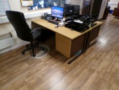 Two light wood twin drawer straight desks, and black leather effect armchair