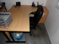 Light wood 'L' shaped desk, 3-drawer pedestal, black leather effect swivel armchair, light wood