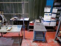Three steel transport trollies, table and steel drying rack
