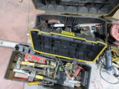 Two toolboxes with assorted hand tools including spirit levels, hammer, mallet, tape measures, allen