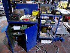 Steel framed cabinet and 3-shelf rack and contents to include tape, Clarke Air Pro spray gun,