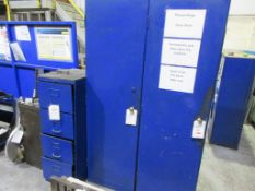 Two metal single door storage cupboards, one metal 4-drawer filing cabinet, one metal storage