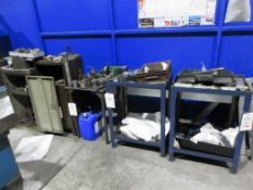 Five metal storage cupboards and tables with contents including collets, nuts, bolts, etc.