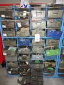 Metal frame multi compartment storage rack with metal picking bins, all with contents including