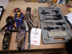 Miscellaneous lot of hand tools including chisels, planers, clamps, spanners, etc.