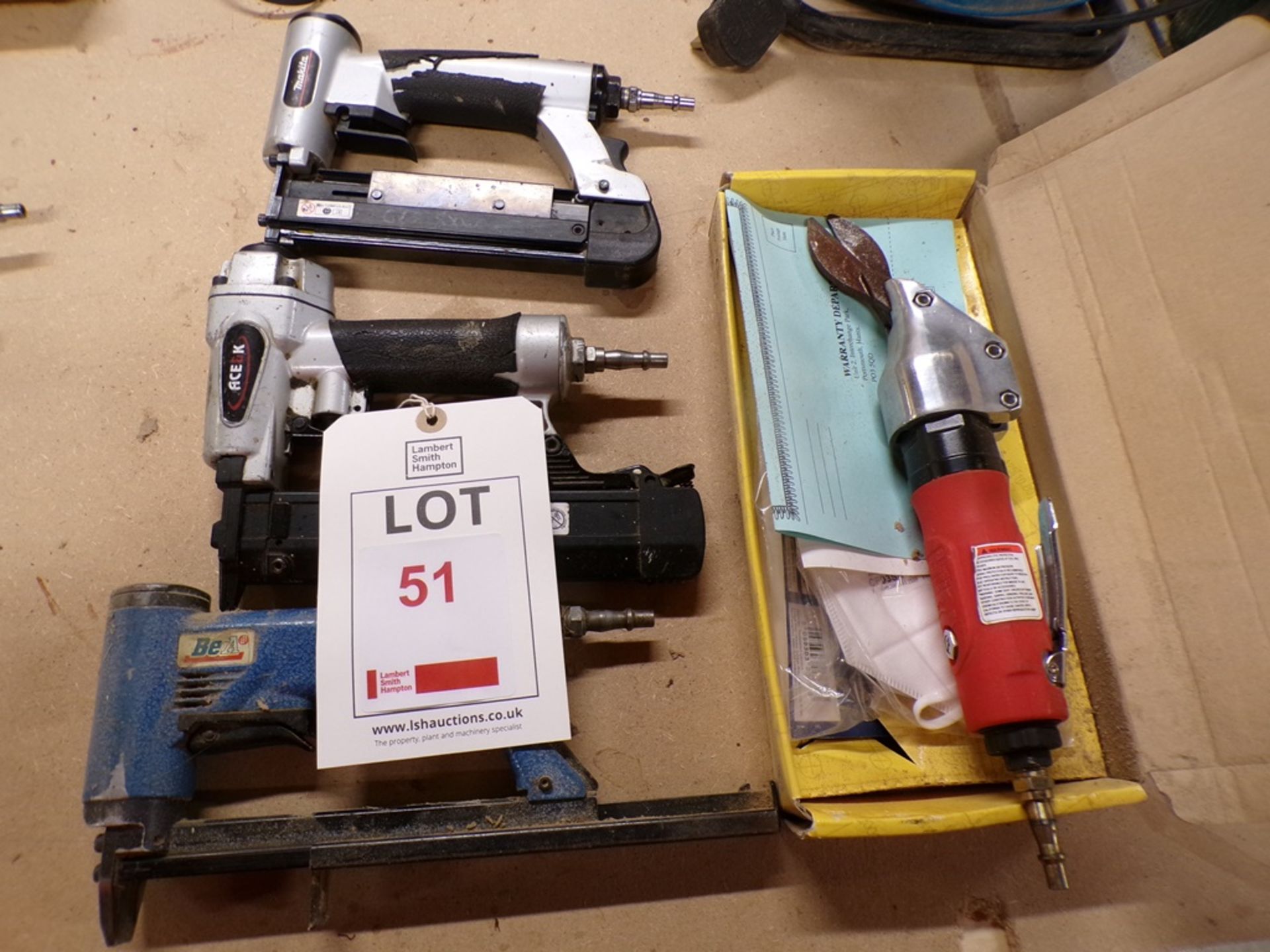 Three various pneumatic staplers, one Northern Industrial pneumatic scissors