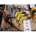 Assorted pneumatic hand tools including screwdriver, drill, impact wrench, tyre inflator, etc.