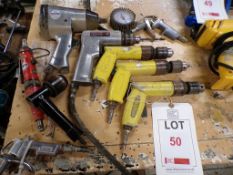 Assorted pneumatic hand tools including screwdriver, drill, impact wrench, tyre inflator, etc.