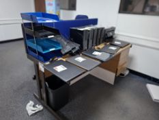 Light oak effect rectangular 3-drawer office desk with blue cloth accoustic divider (excluding con