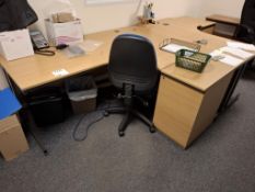 Light oak effect L shape office desk with cloth upholstered office swivel chair