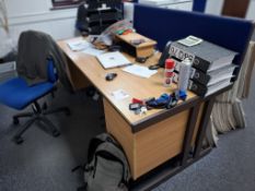 Light oak effect rectangular 2-drawer office desk, with blue cloth accoustic divider