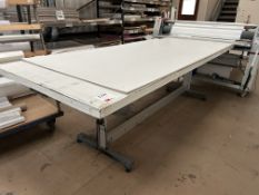 Steel frame, laminate topped, mobile packing desk, approx 2200 x 1800mm