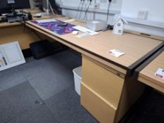 Light oak effect rectangular office desk and 2-drawer pedestal