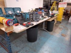 Rectangular steel frame/timber topped mobile workbench, approx 3000 x 2000mm (excluding contents)