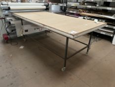 Steel frame, laminate topped, mobile packing desk, approx 2200 x 1800mm