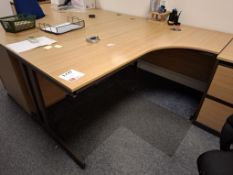 Light oak effect L shape office desk with cloth upholstered office swivel chair