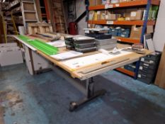 Rectangular steel frame/timber topped work table, approx 2200 x 180mm (excluding contents)