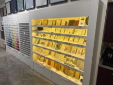 Large 3-section purpose built display unit with large quantity of testing paint jars