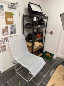 Shelving unit and contents to include various Bowens flashlight reflectors and diffusers as lotted